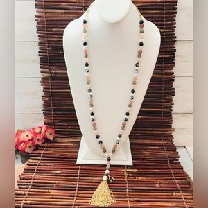 White House Black Market Gold Tone Semi Precious Stones Necklace with Tassel NWT